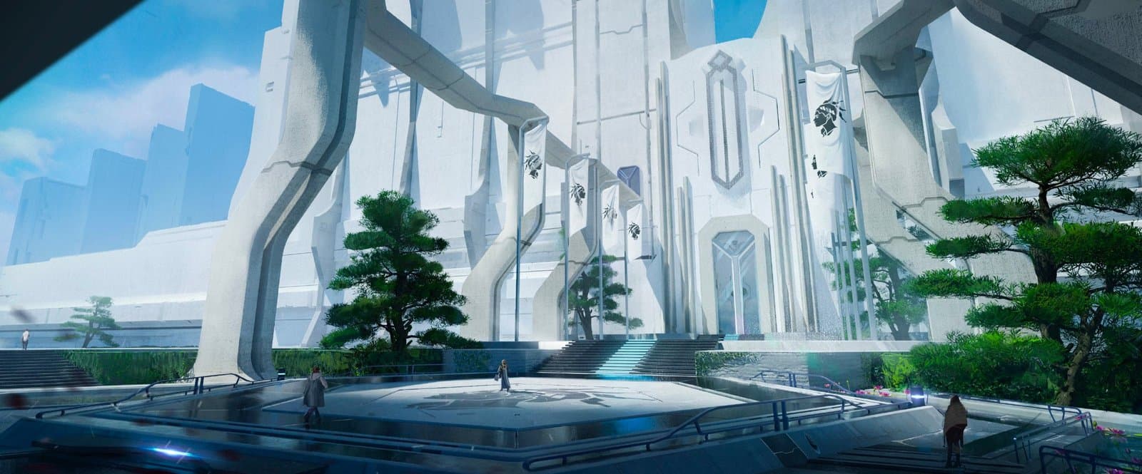 Advisoring Web3 : Décor du jeu mobile Mechachain : une cité futuriste blanche avec des arbres