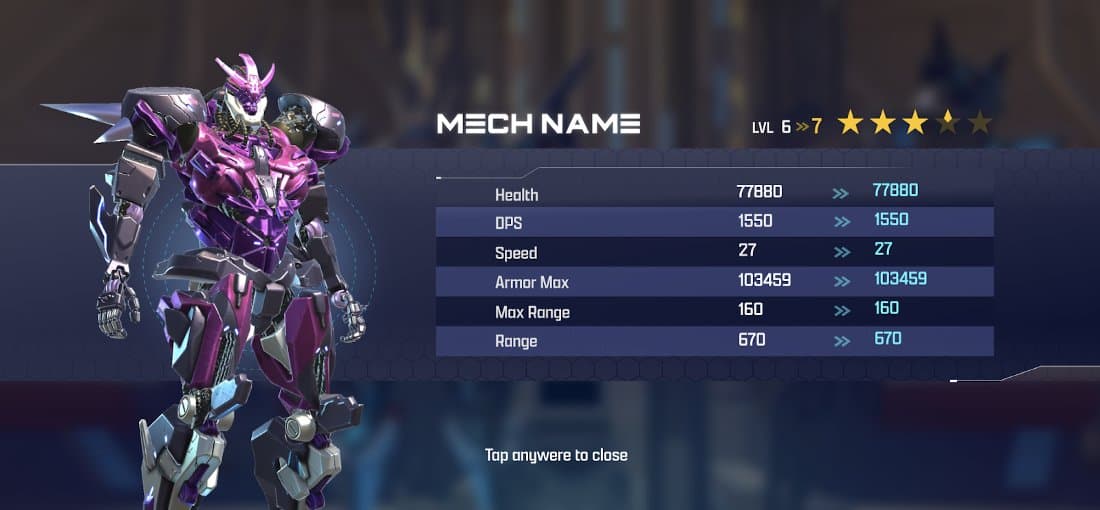 Fiche d'un mech violet dans Mechachain avec ses statistiques de niveau