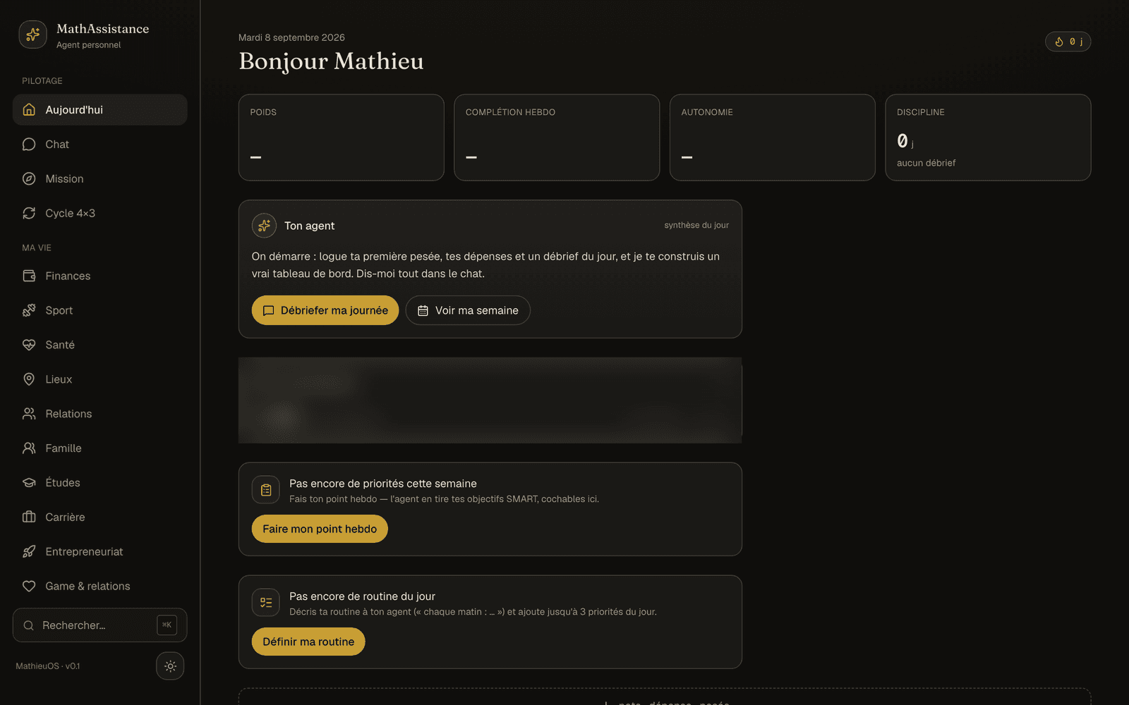 Agent IA personnel : Écran Aujourd'hui de l'agent : indicateurs du jour, synthèse de l'agent, point hebdo et routine à définir.