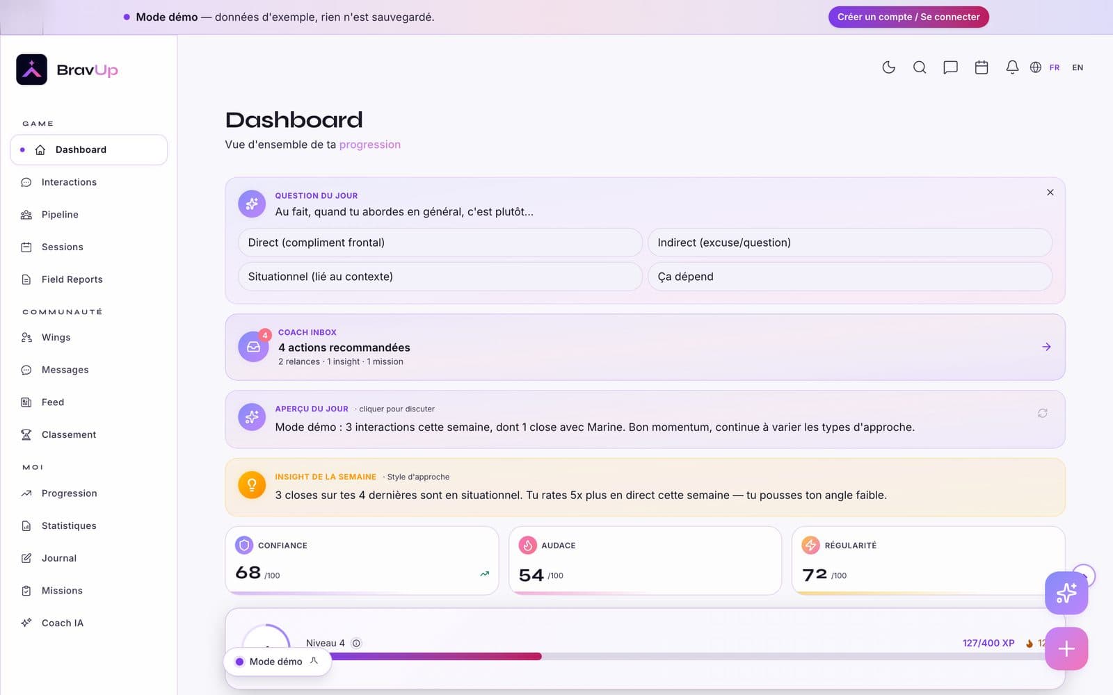 BravUp : Dashboard de BravUp : question du jour, coach inbox et scores de confiance, audace, régularité