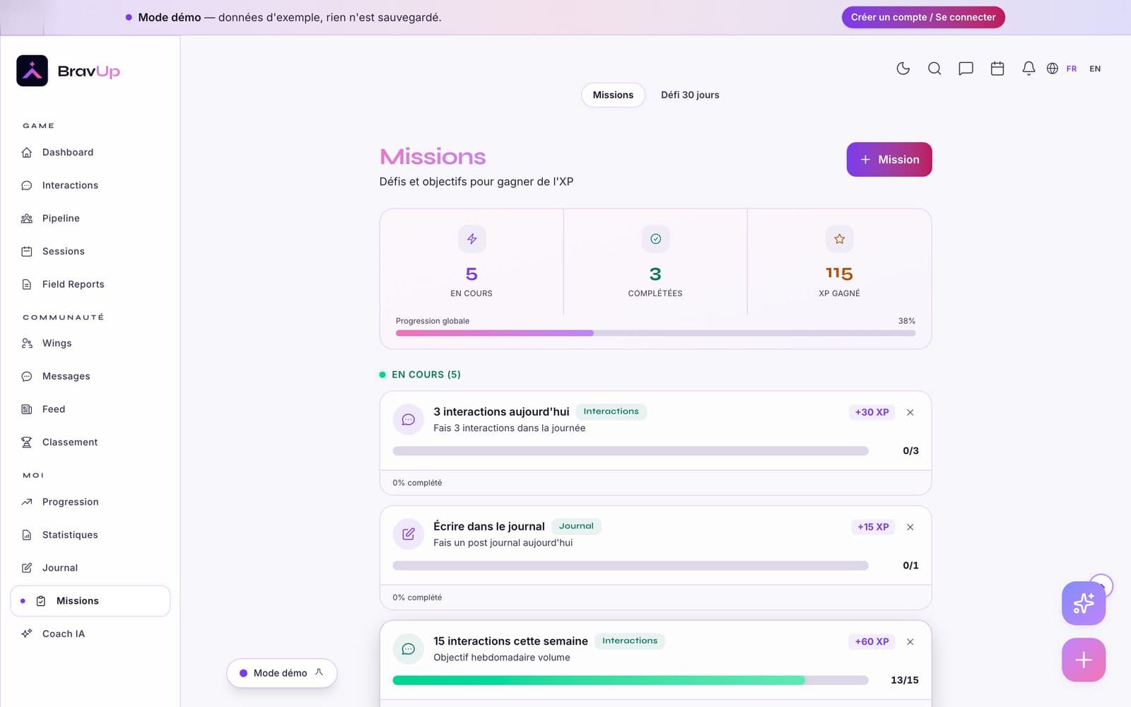 Page Missions de BravUp avec les défis à relever