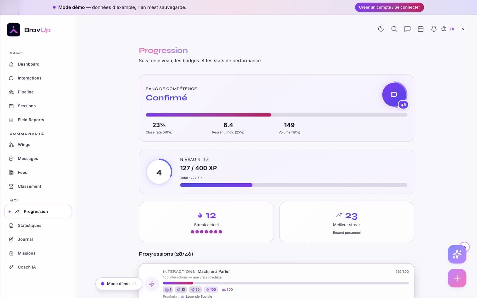 Page Progression de BravUp : rang de compétence, badges et statistiques