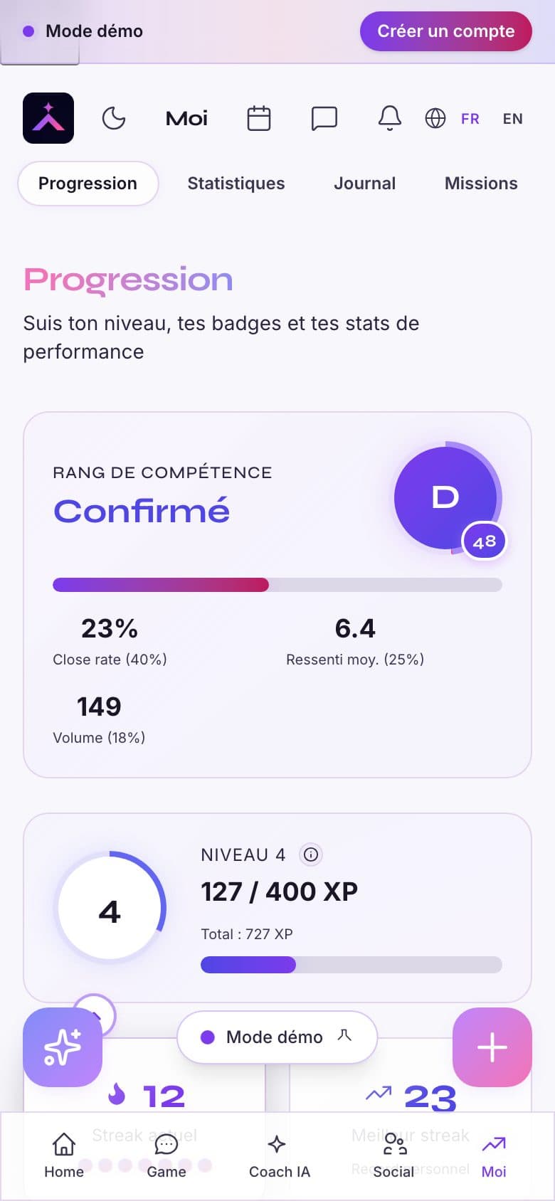 Page Progression de BravUp sur mobile