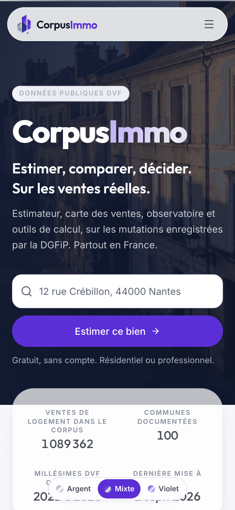 Accueil de CorpusImmo sur mobile.
