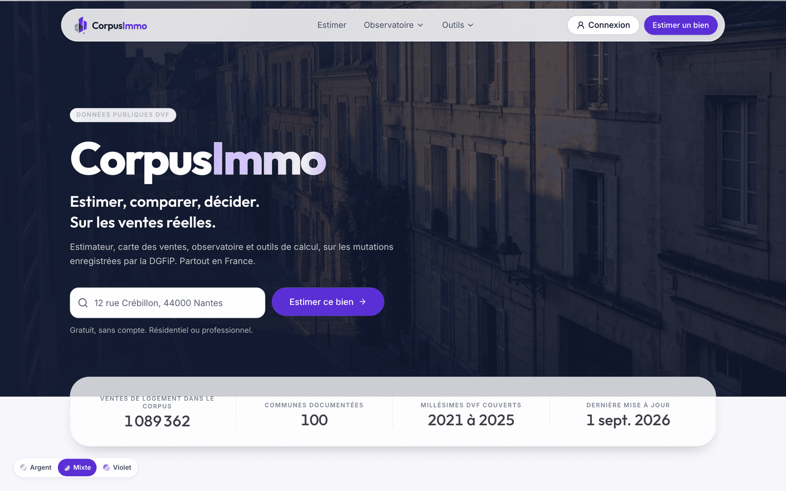 CorpusImmo : Page d'accueil de CorpusImmo : estimer, comparer, décider sur les ventes réelles, avec le champ d'adresse.