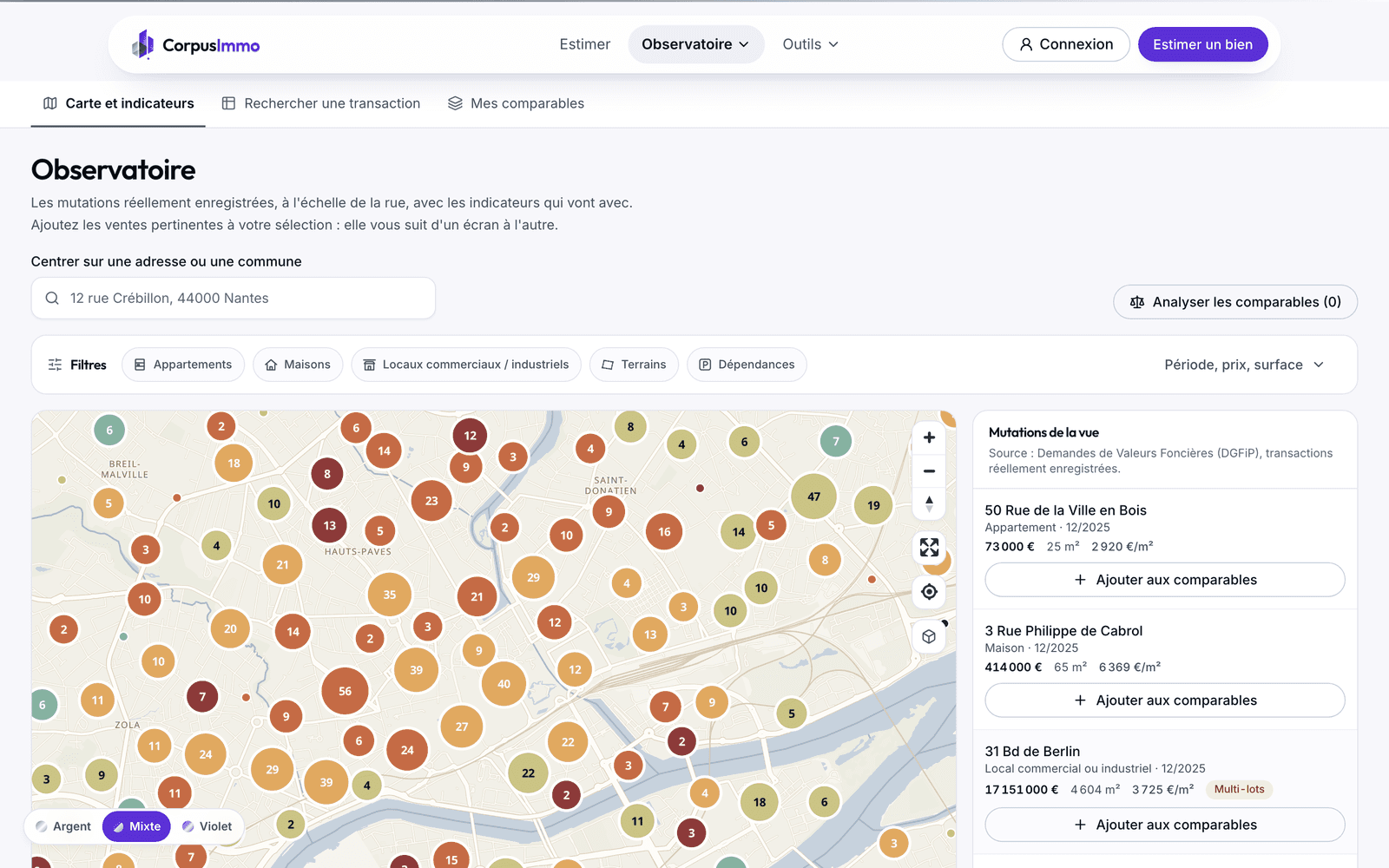 Observatoire CorpusImmo : carte des mutations DVF autour de Nantes et liste des comparables.