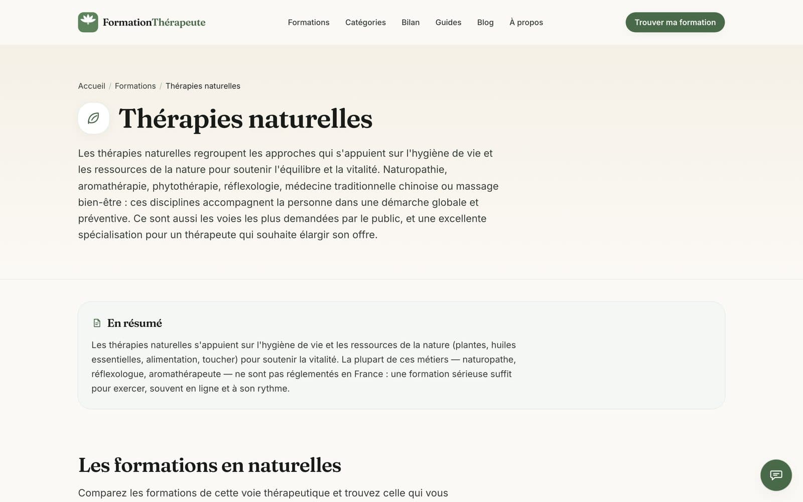 Page catégorie Thérapies naturelles sur formationtherapeute.fr