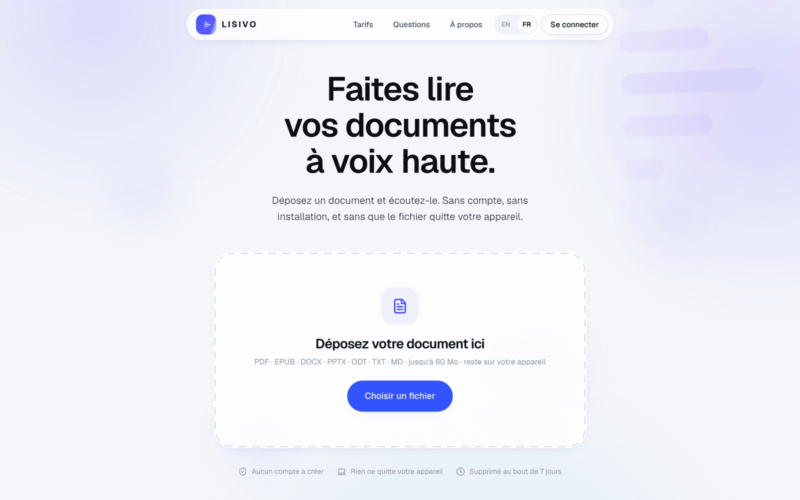 Lisivo : Accueil de Lisivo : faites lire vos documents à voix haute, avec la zone de dépôt de fichier.