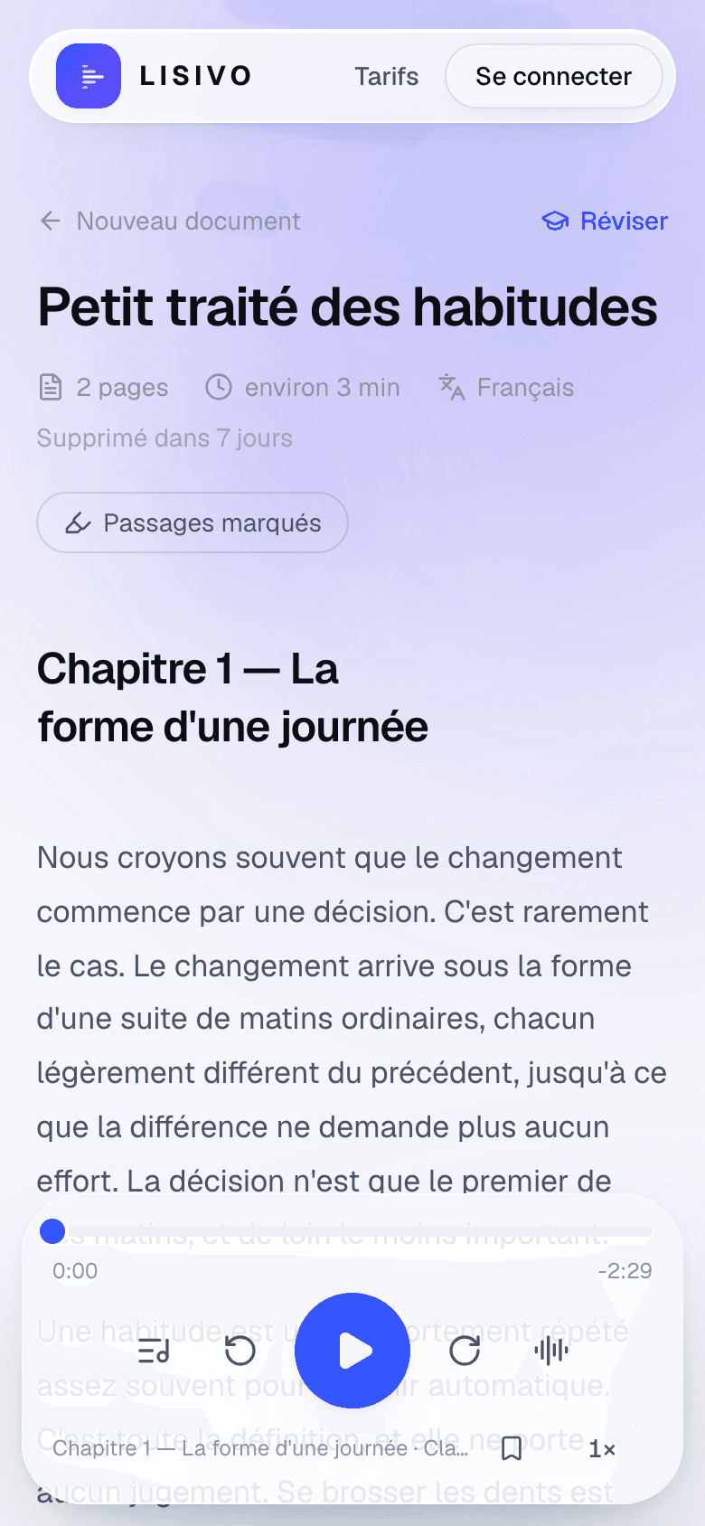 Lecteur Lisivo sur mobile avec le texte d'un document et le bouton lecture.