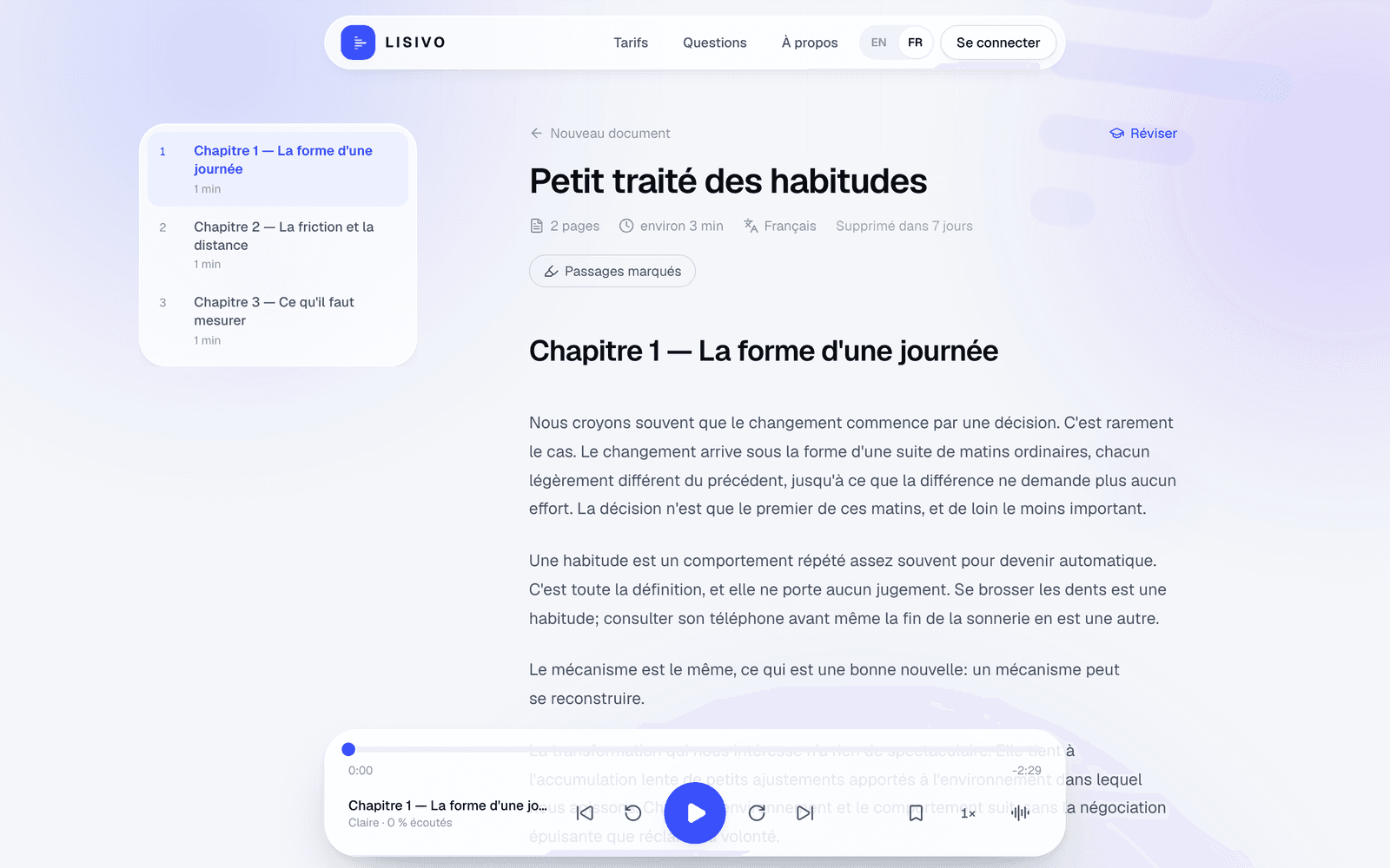 Lecteur Lisivo : chapitres à gauche, texte du document au centre, barre de lecture audio en bas.