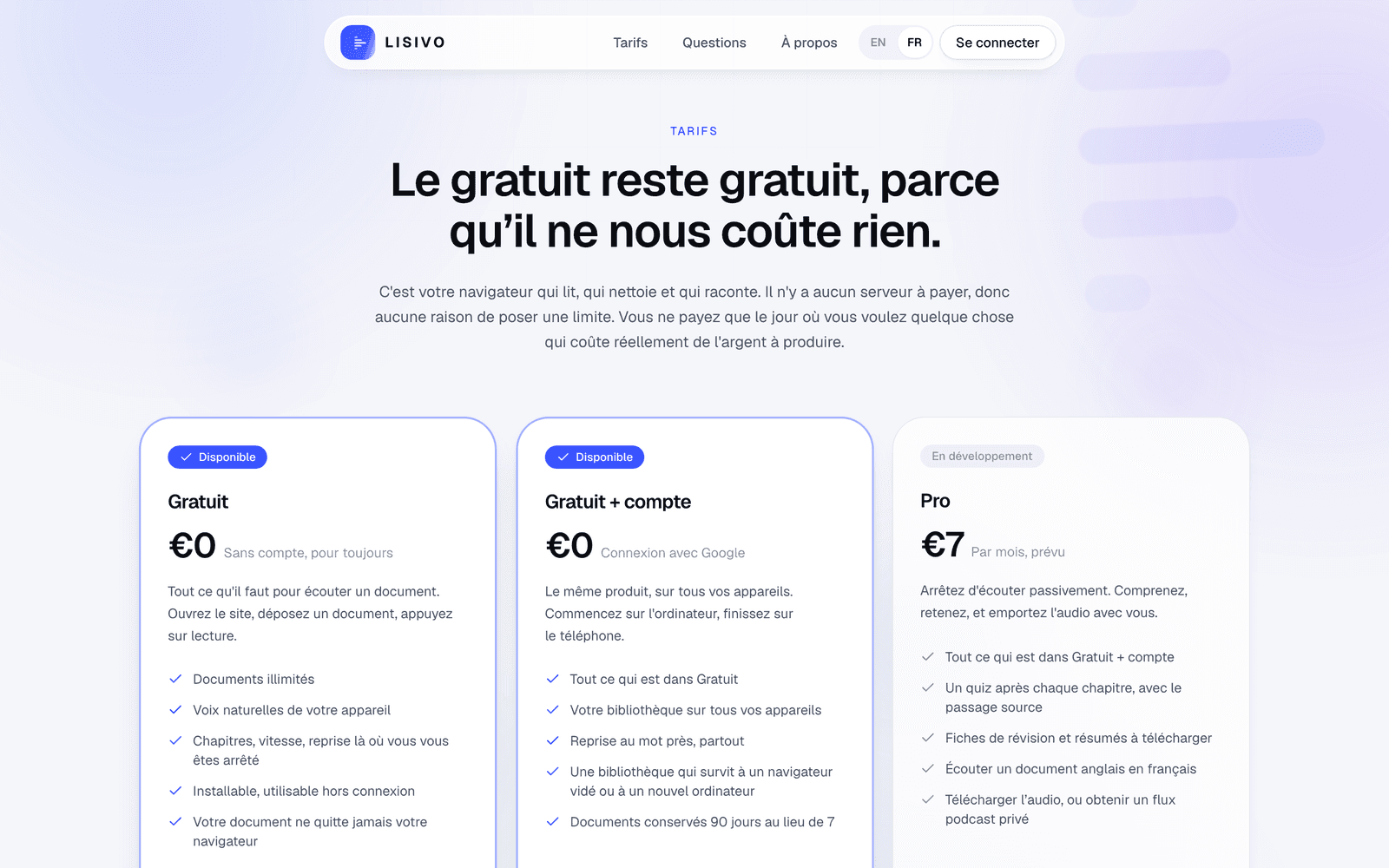 Page tarifs de Lisivo : gratuit, gratuit avec compte, Pro à 7 euros par mois.