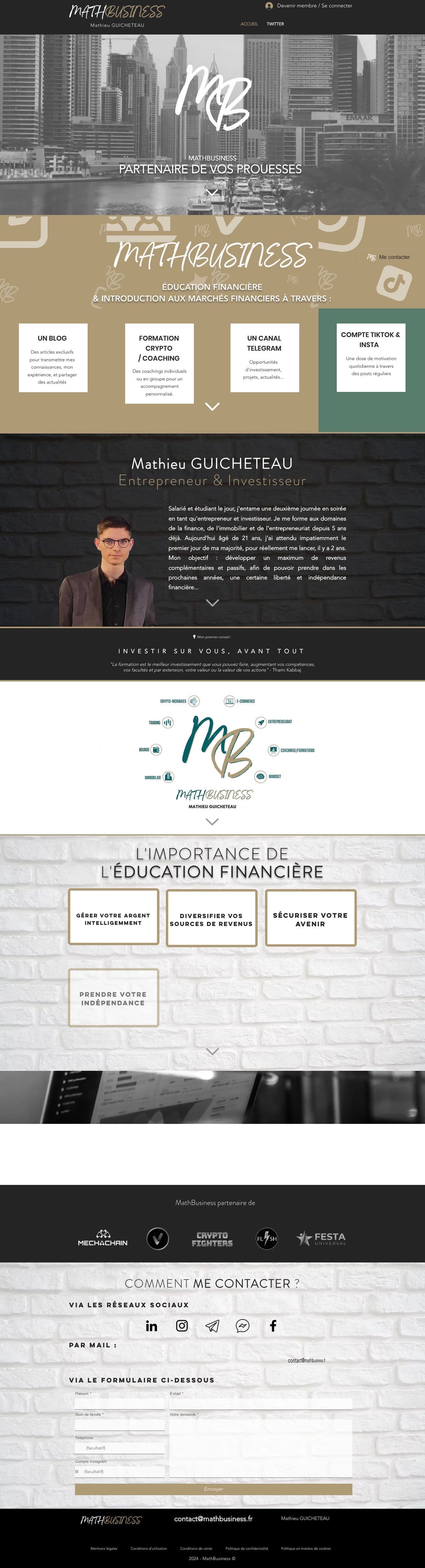 Page d'accueil complète de mathbusiness.fr, du bandeau au formulaire de contact
