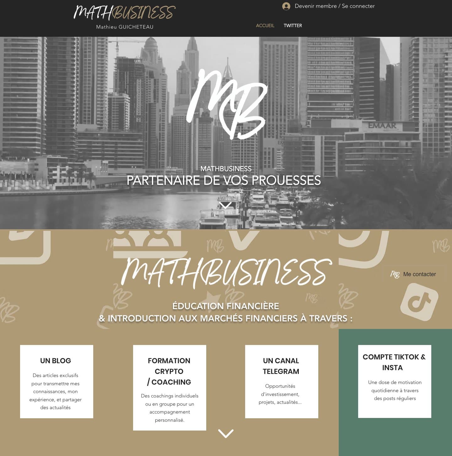 MathBusiness : Accueil de l'ancien site mathbusiness.fr : bandeau MB sur fond de gratte-ciel et les quatre offres