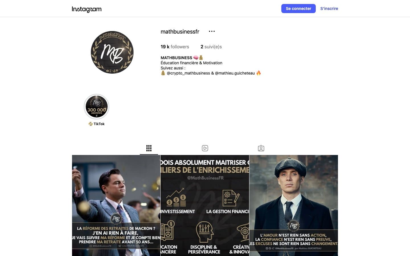 Profil Instagram mathbusinessfr : 19 000 abonnés, badge 300 000 abonnés TikTok et posts de motivation