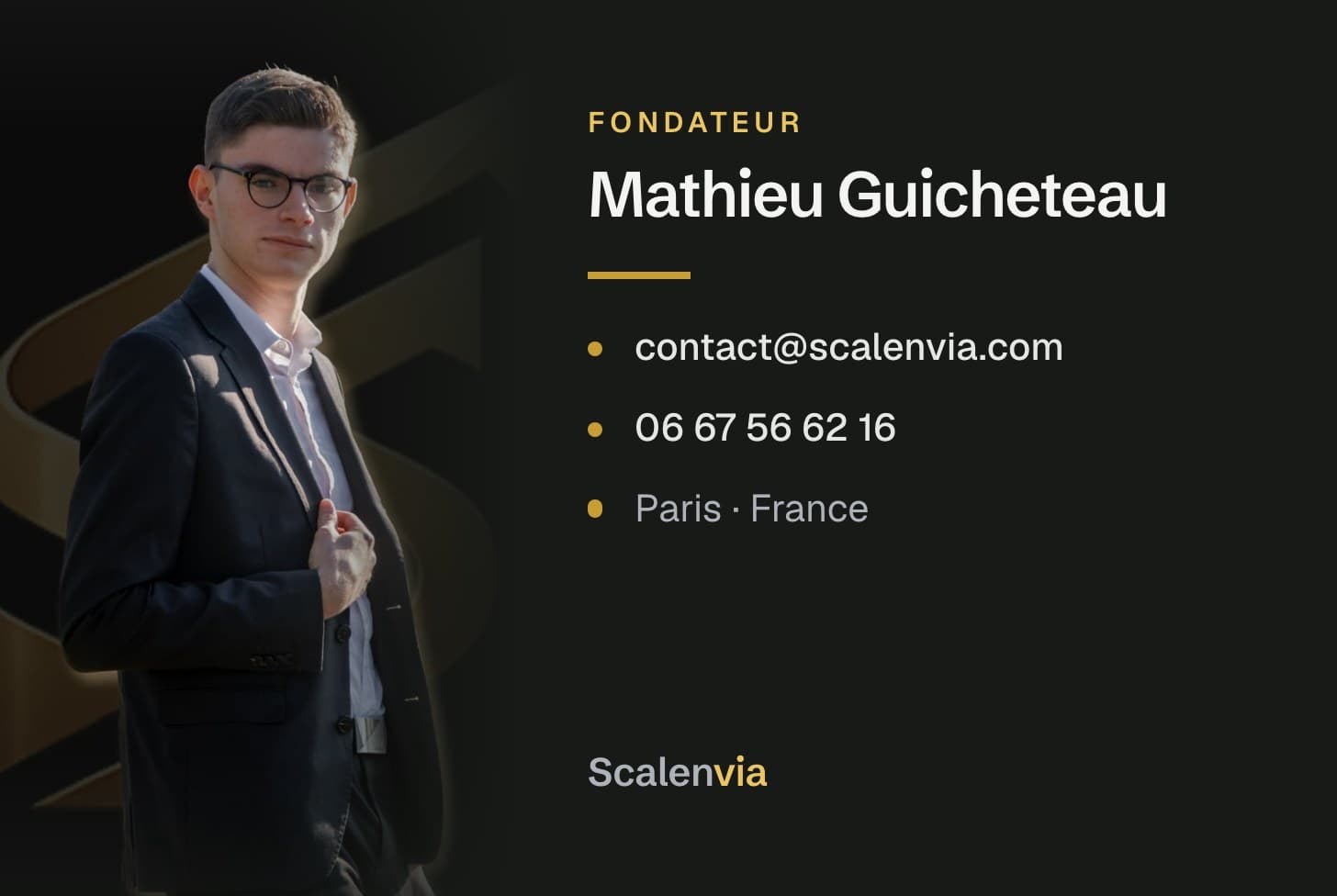 Verso de la carte de visite Scalenvia avec le portrait du fondateur