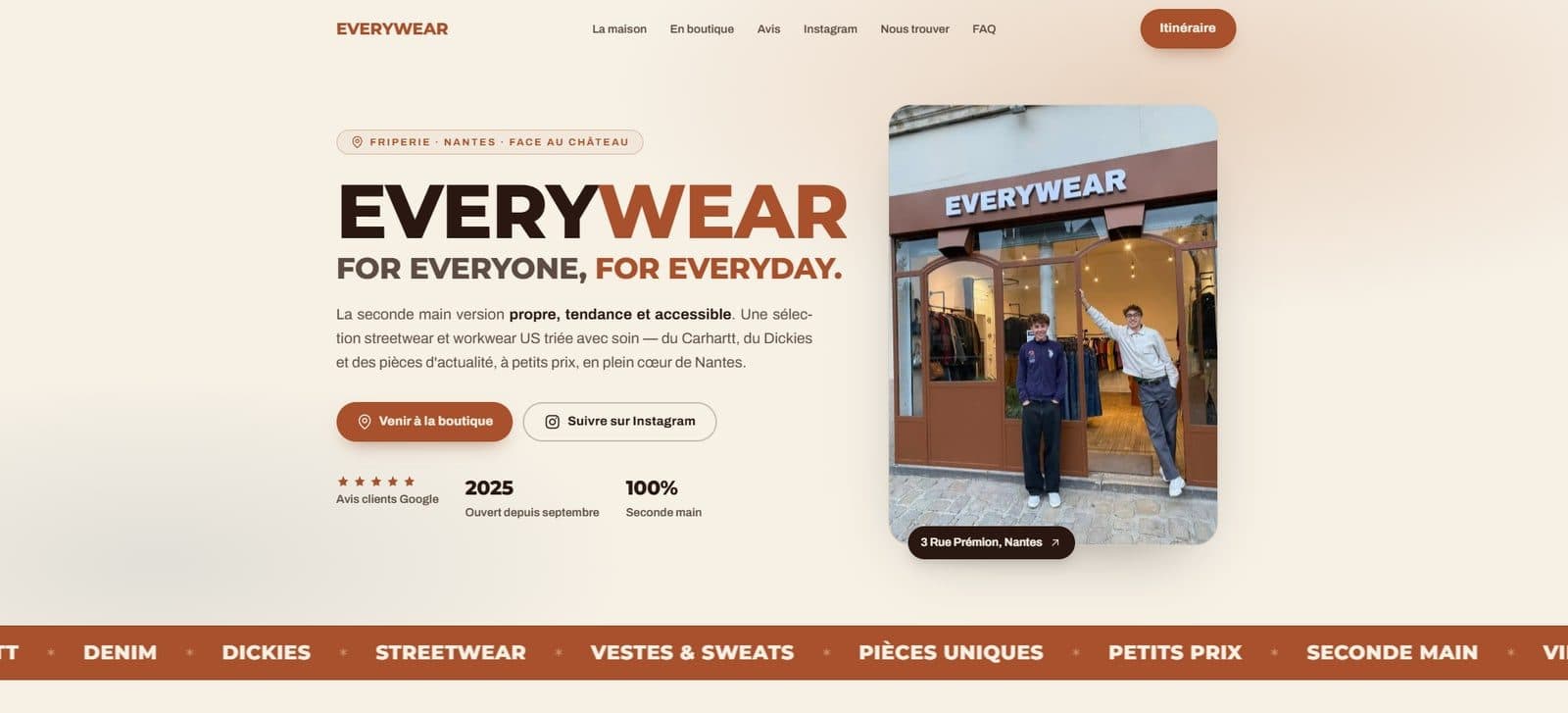 Site Everywear, friperie à Nantes, conçu par Scalenvia