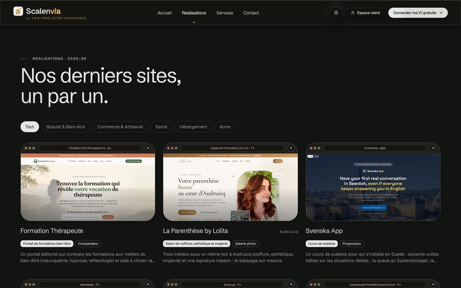 Page Réalisations de Scalenvia avec la grille des sites clients