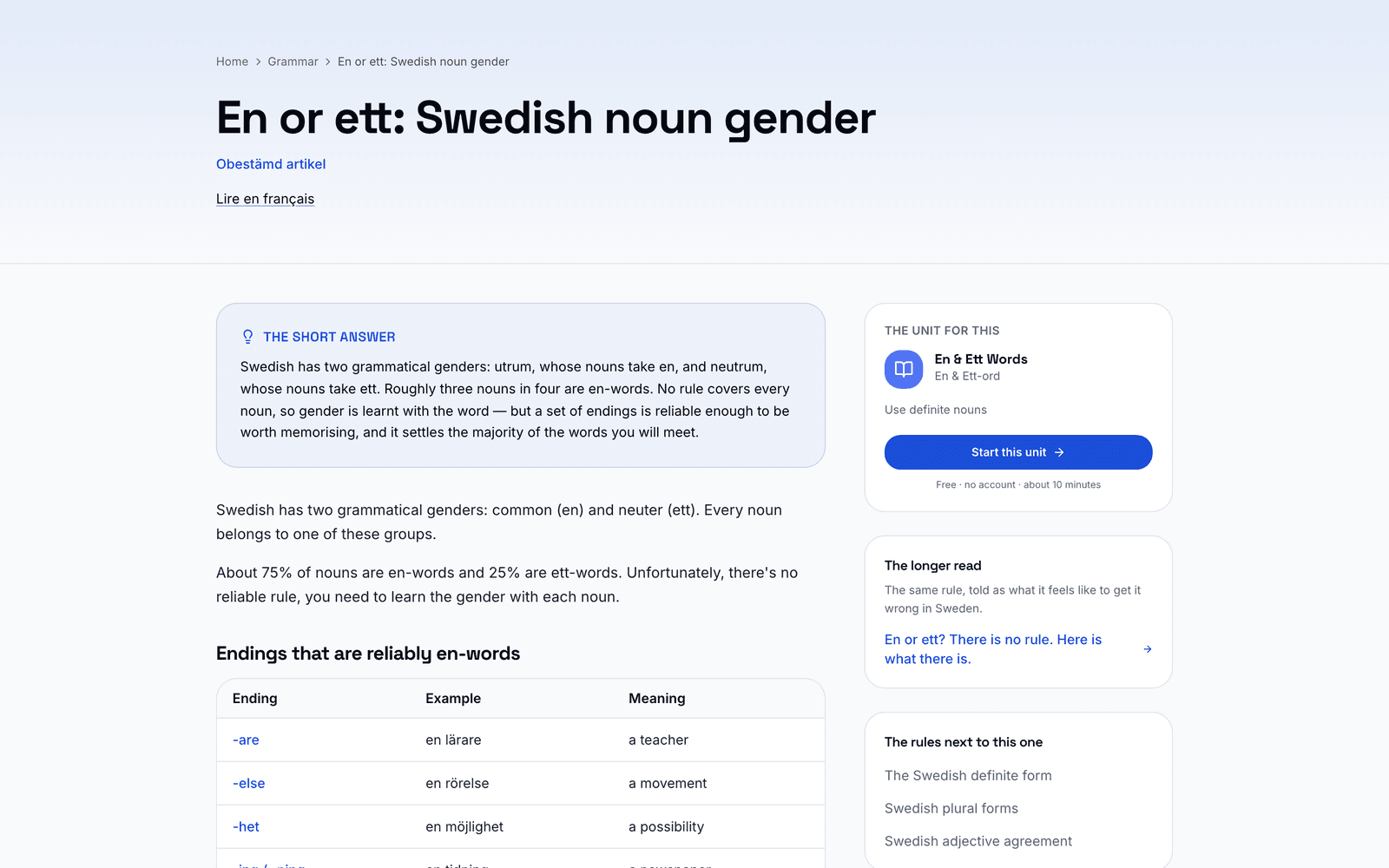 Page de grammaire Svenska App sur le genre des noms suédois, en ou ett.